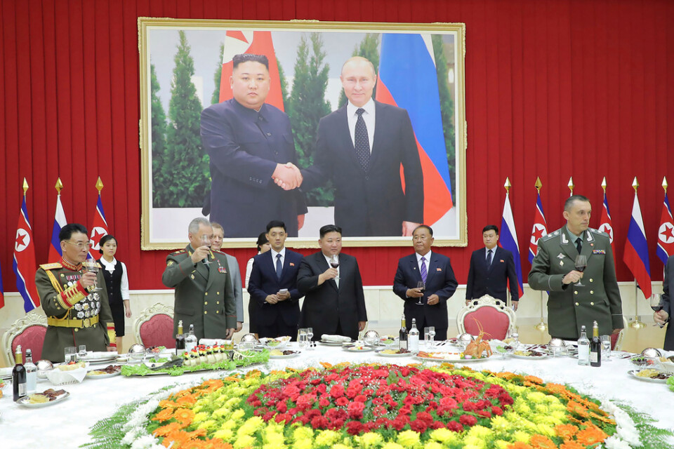På denna bild som Nordkoreas regering tillhandahållit ses Kim Jong Un och Rysslands försvarsminister Sergej Shoigu under dennes besök i Pyongyang i juli. Arkivbild.