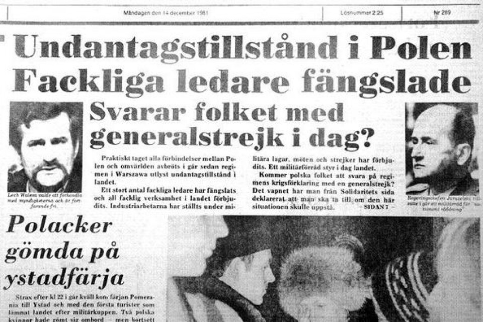 Ystads Allehandas förstasida måndagen den 14 december 1981 berättade om att undantagstillstånd införts i Polen och att fackliga ledare fängslats.