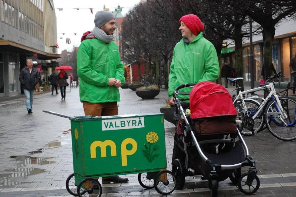 Emil Samnegård och Amanda Stjärnqvist startade valrörelsen redan före jul. På tisdagen stod de på Algatan med sin lilla gröna valbyrå.