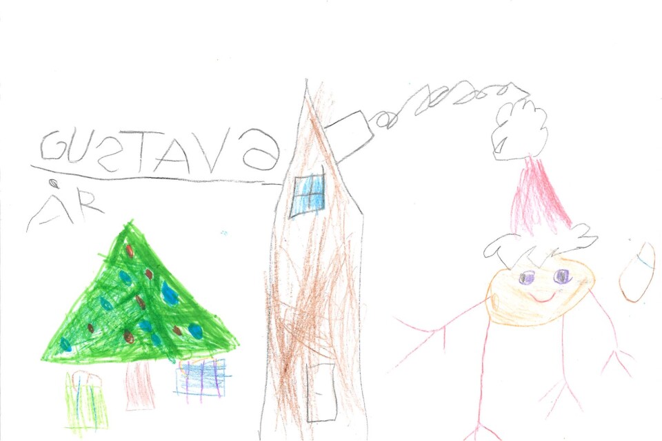 Gustav 6 år har ritat tomten med julgran, paket och jag tror minsann att det är Gustavs hus.