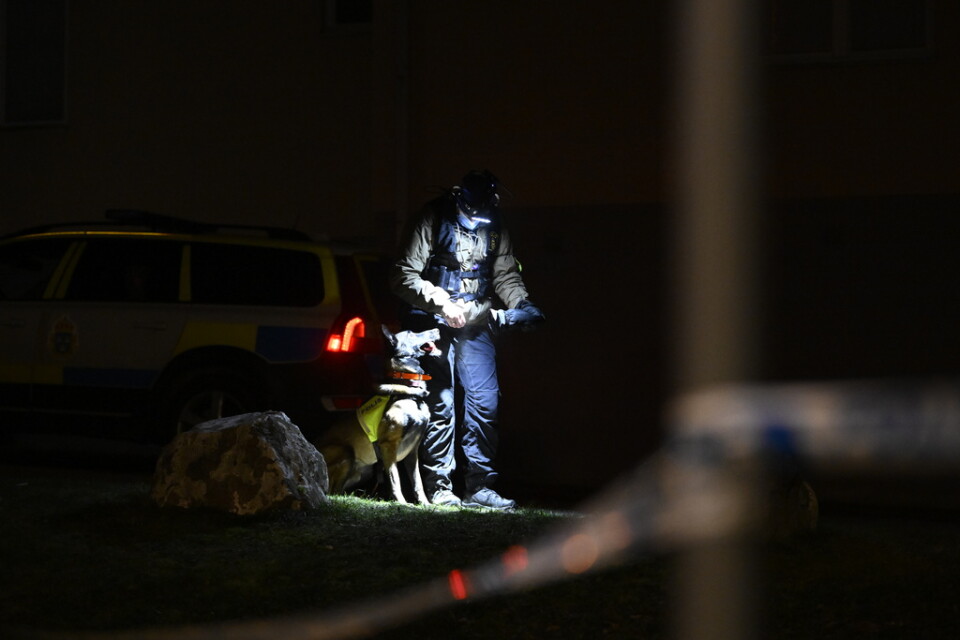 Polisens tekniker och hundförare undersöker en plats i stadsdelen Blombacka där en man i 20-årsåldern sköts till döds i början av december i fjol.