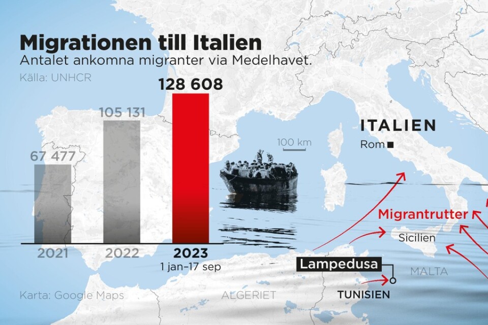 Antalet ankomna migranter till Italien via Medelhavet, 1 januari–17 september 2023.