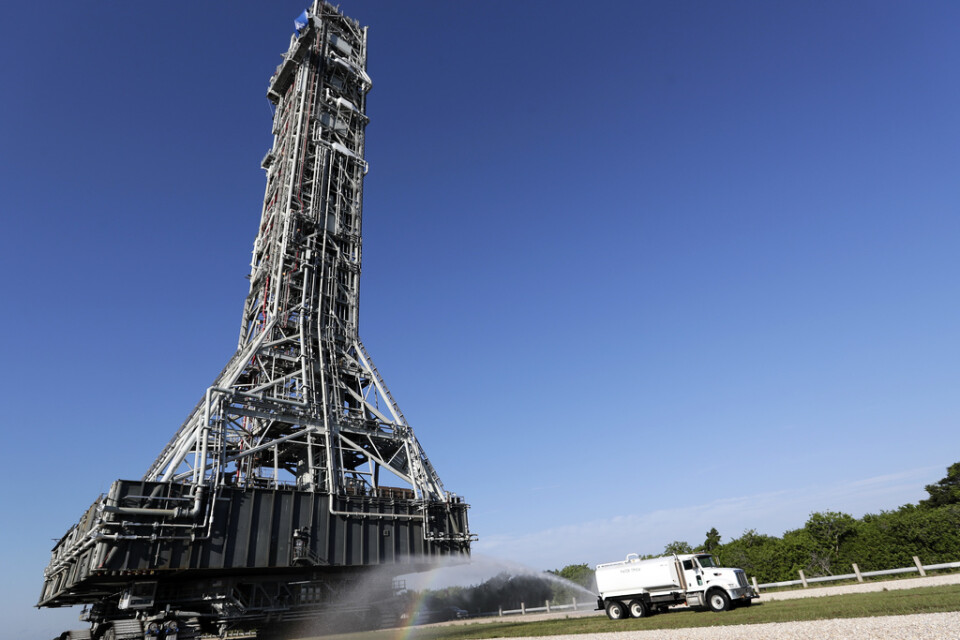 Avfyrningsrampen för Orion-färderna, fotograferad när infrastrukturen testades i Florida i juni i år.