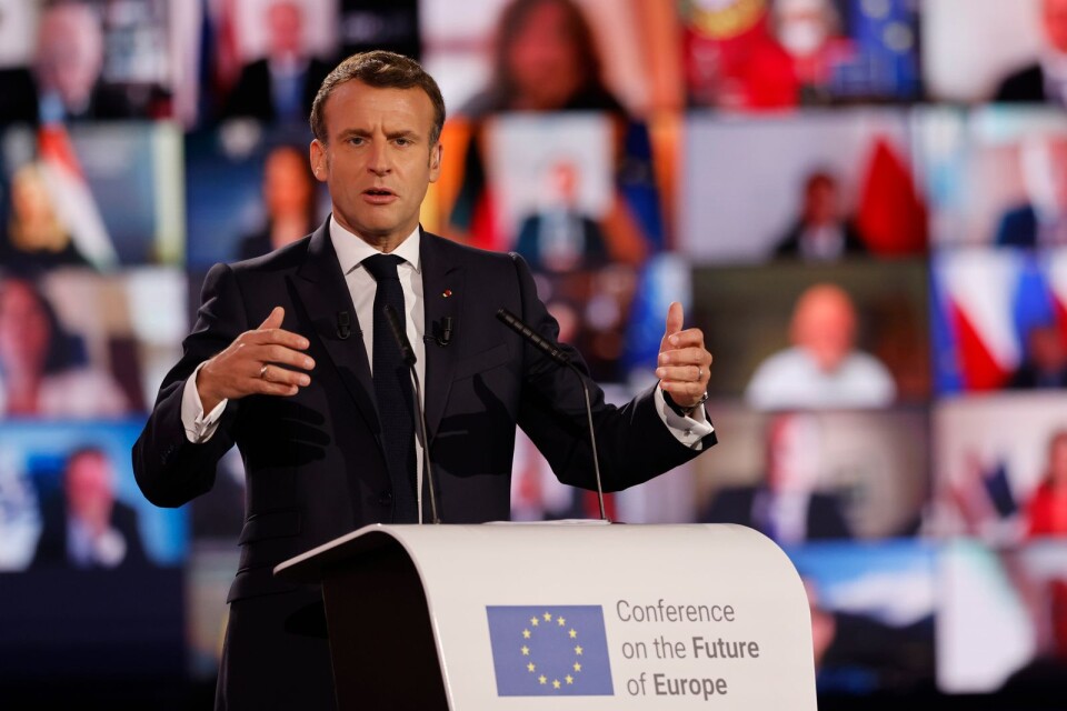 Frankrikes president Emmanuel Macron talade på lanseringen av EU:s framtidskonferens i Strasbourg den 9 maj.