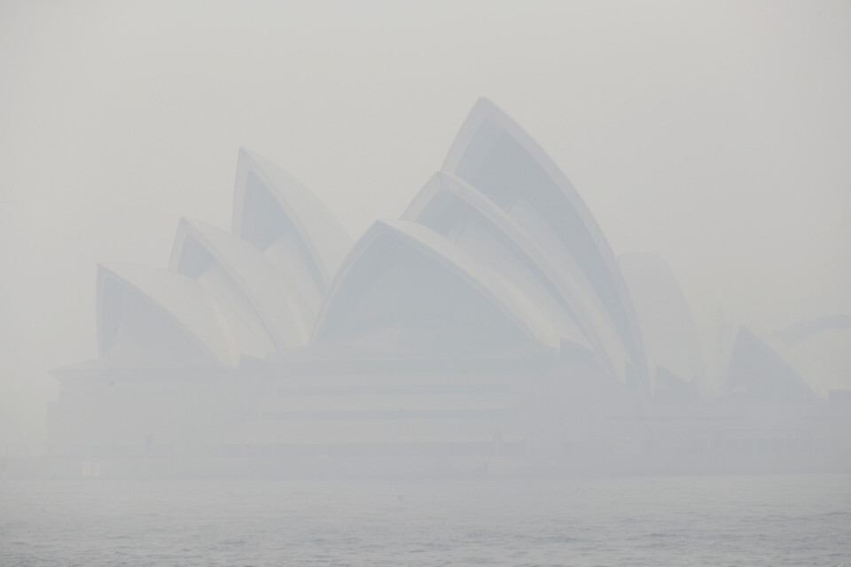Läkare varnar för dålig luftkvalitet i Sydney på grund av de bränder som härjar i delstaten New South Wales. Bild från förra veckan då brandröken mättes till elva gånger gränsen för hälsovådliga nivåer.