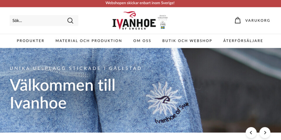 Så här ser Ivanhoes riktiga hemsida, ivanhoe.se, ut. Den falska sidan ska ha varit liknande, men haft väldigt rabatterade priser och fel system för klädernas storleksordning.