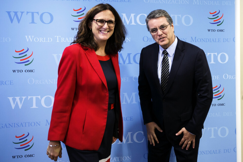 EU:s tidigare handelskommissionär Cecilia Malmström och världshandelsorganisationen WTO:s avgående generaldirektör Roberto Azevêdo. Arkivfoto.