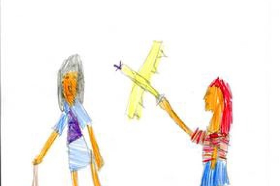 Jennie Littgren, 9 år, har ritat två flickor som leker med ett flygplan och en kanin. Teckningen har Jennie gjort hos sin farmor.