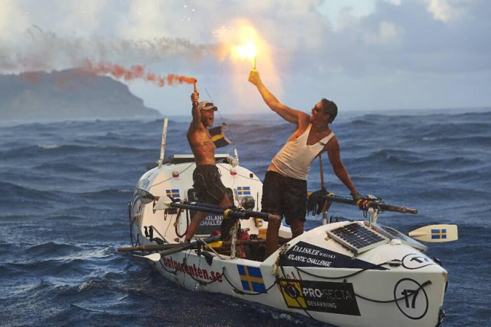 Efter drygt 60 dagar i en roddbåt på havet och ett stort antal umbäranden tog sig Jimmy Strandberg och Fredrik Nilsson i mål i tävlingen Talisker Atlantic Challenge.