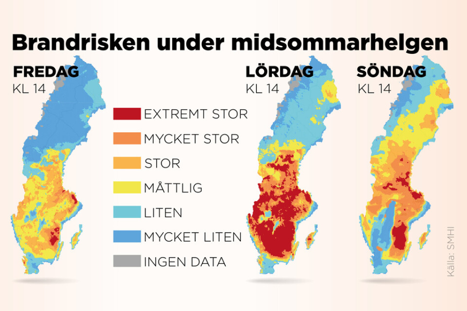 Brandrisken i Sverige under midsommarhelgen. Prognos SMHI klockan 16 på torsdagen.