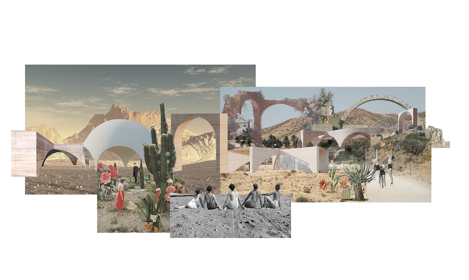 Collage/skiss. Tatiana Bilbao Estudio, Staterra, Los Cabos, Baja California, Mexico.  Förväntas uppfört 2020. © Tatiana Bilbao Estudio