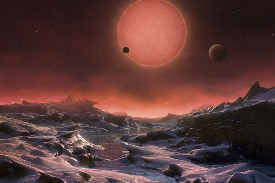 Brittiska forskare har upptäckt en exoplanet, K2-18|b, som har atmosfär bestående av vattenånga, vilket av många anses vara en förutsättning för liv. På bilden en rekonstruktion av hur det kan se ut på en exoplanet.