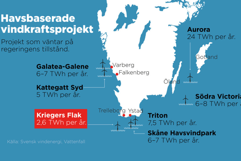 Vindkraftsprojekt i södra Sverige som väntar på regeringens tillstånd.
