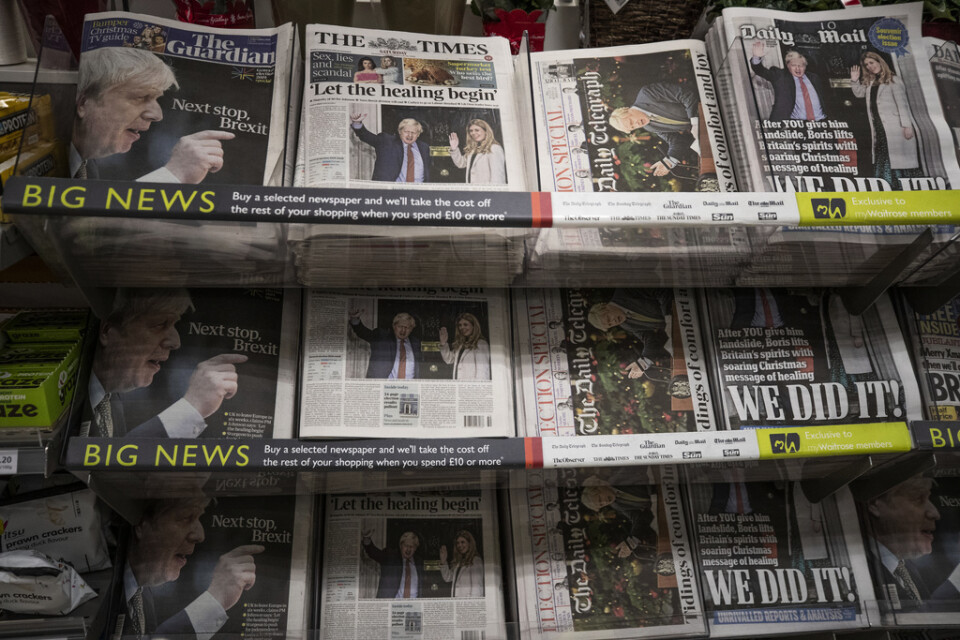 Brittiska tidningar efter Boris Johnsons valseger i parlamentsvalet i december. Arkivfoto.