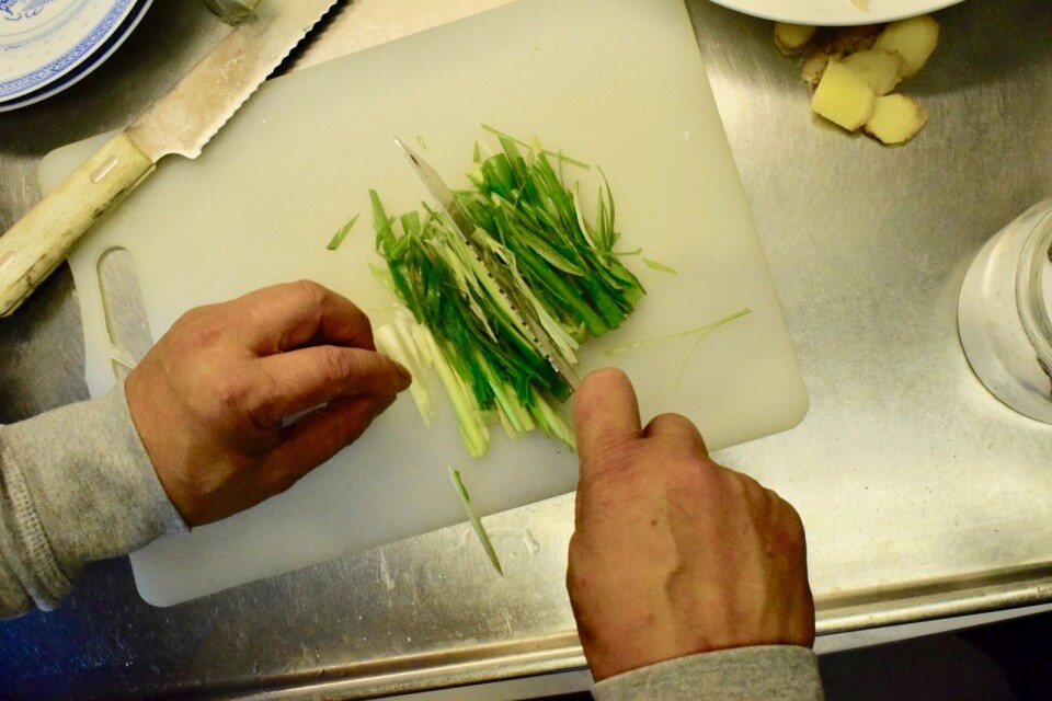 The spring onions are finely sliced.