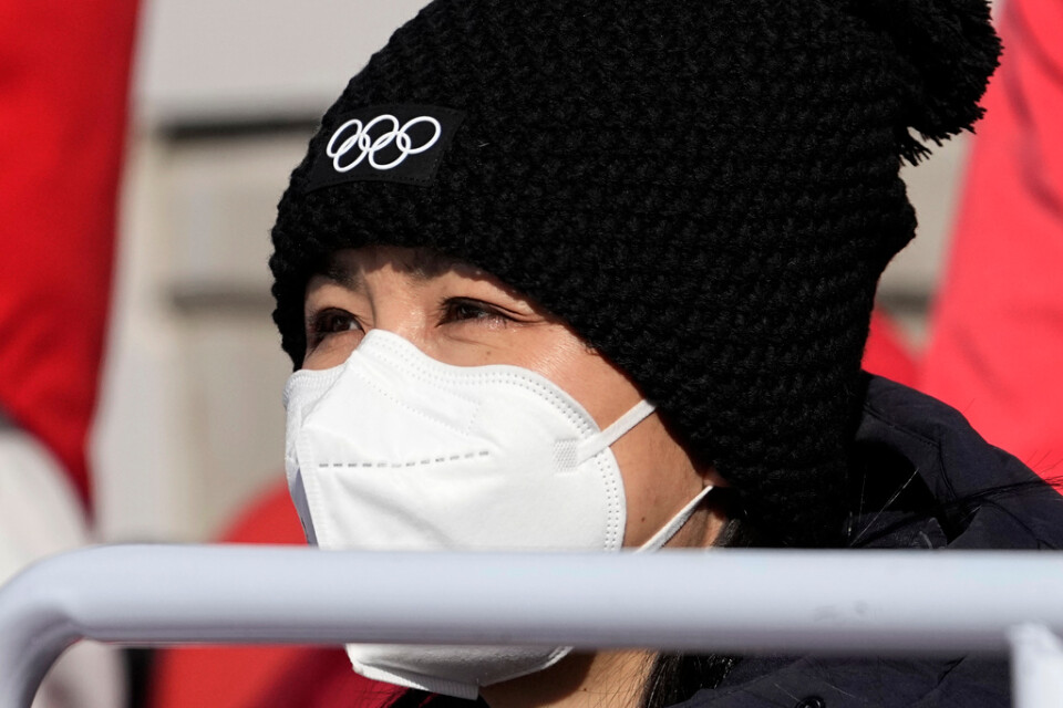 Peng Shuai på läktaren under OS i Peking förra året. Arkivbild.