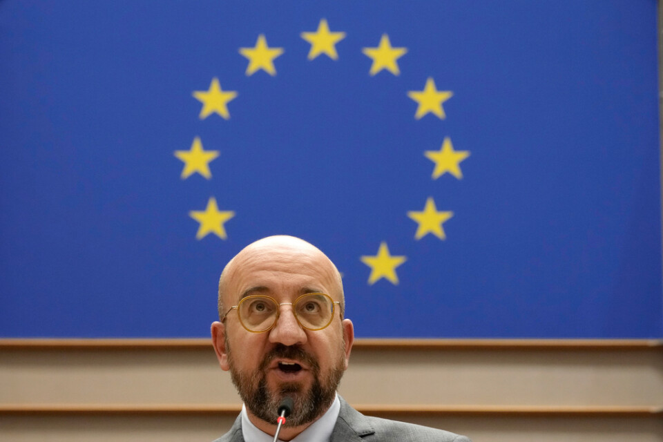 EU:s rådsordförande Charles Michel under ett framträdande i EU-parlamentet i mars. Arkivfoto.