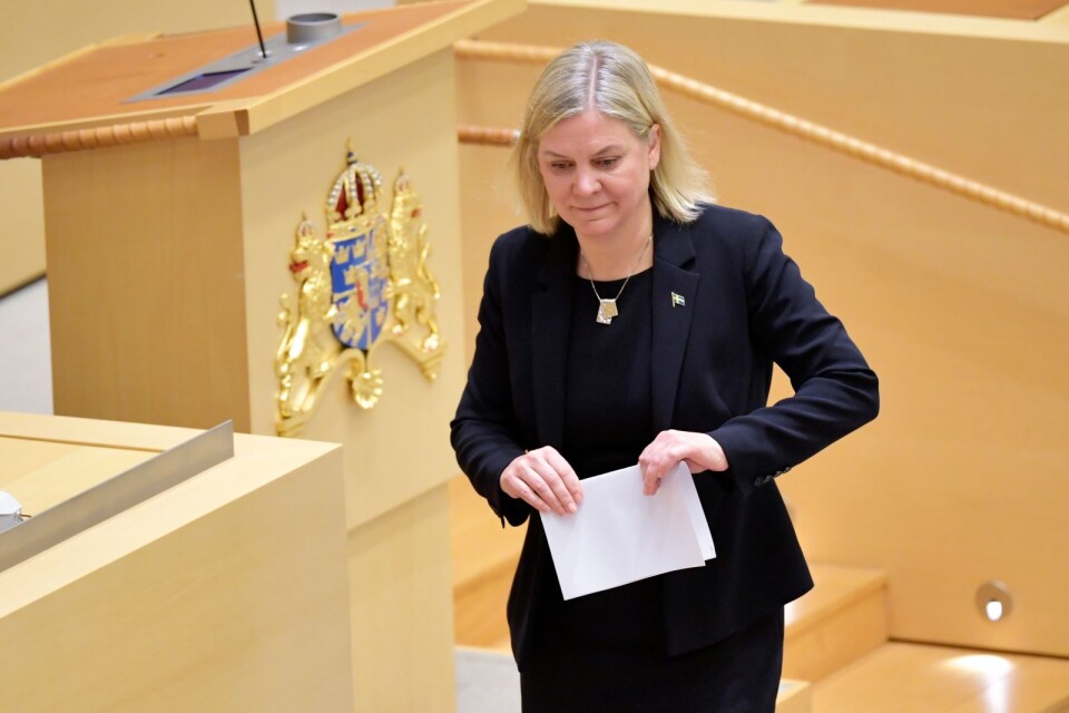 Statsminister Magdalena Andersson (S) under riksdagens partiledardebatt på onsdagsmorgonen.