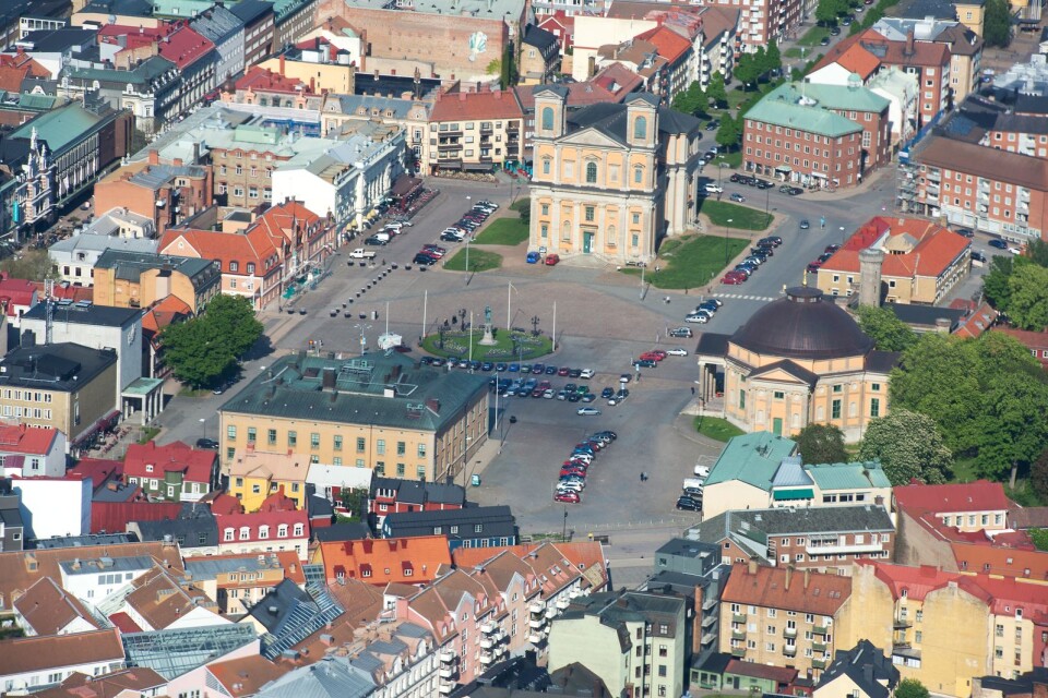 Flygbild över Stortorget i Karlskrona.