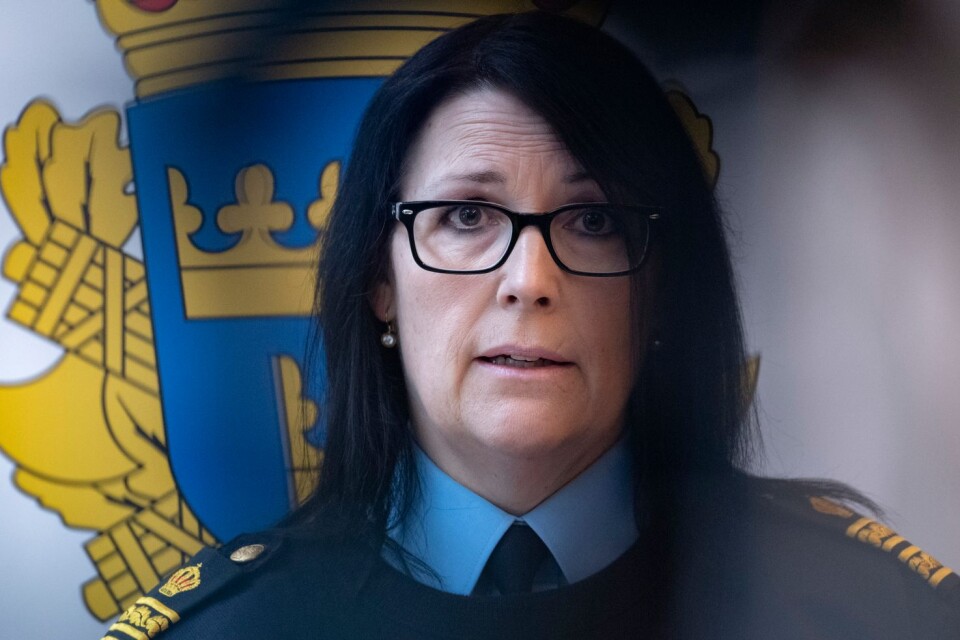 Petra Stenkula under onsdagens pressträff på Rättscentrum i Malmö om de tillslag polisen gjort mot grupperingar som utsatt äldre personer i hela landet för telefonbedrägerier.