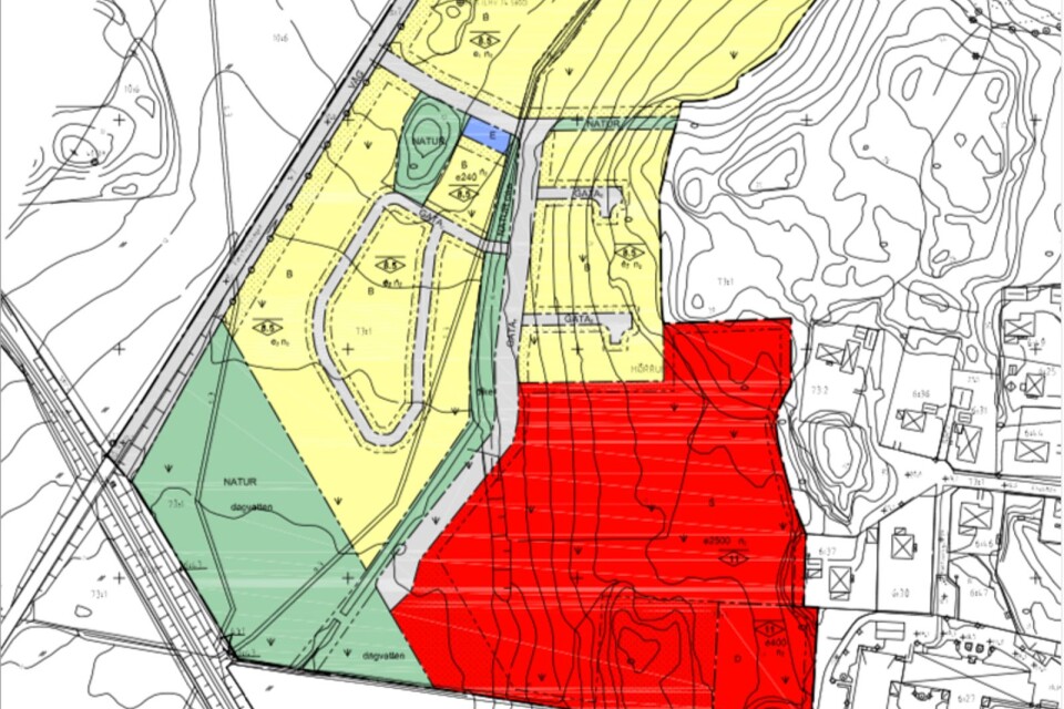 I de gula fälten är det aktuellt med nya bostäder, gröna områden är natur som bevaras och i det röda fältet planeras det för skolverksamhet. Längst upp till höger i bild ligger Fruktgården.