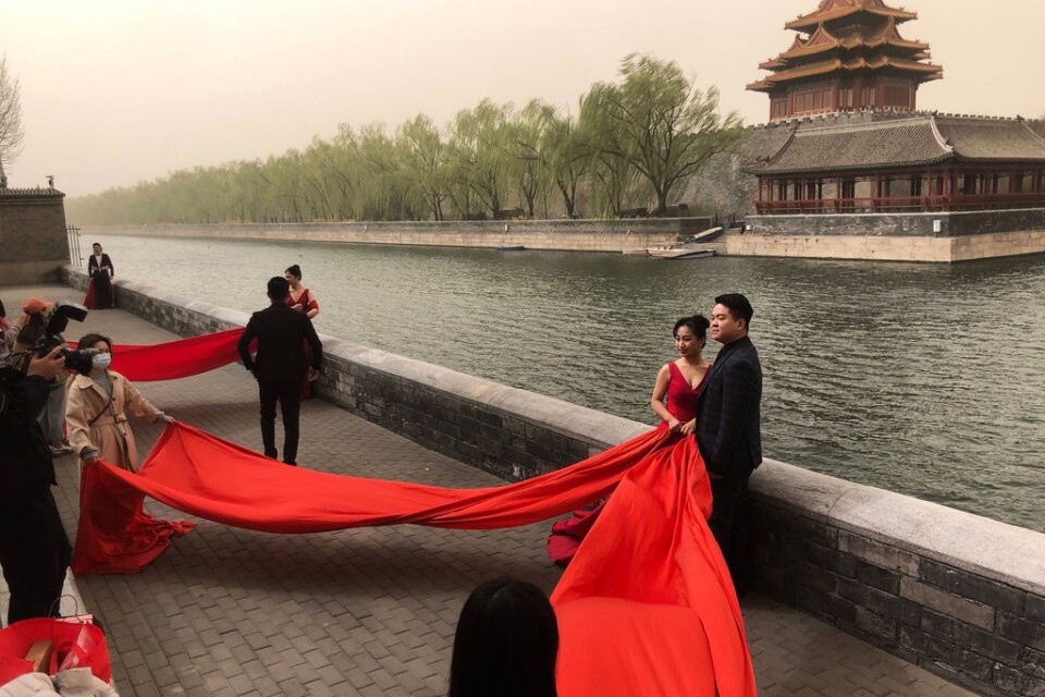 Nygifta par poserar vid Förbjudna staden i Peking. Arkivbild.