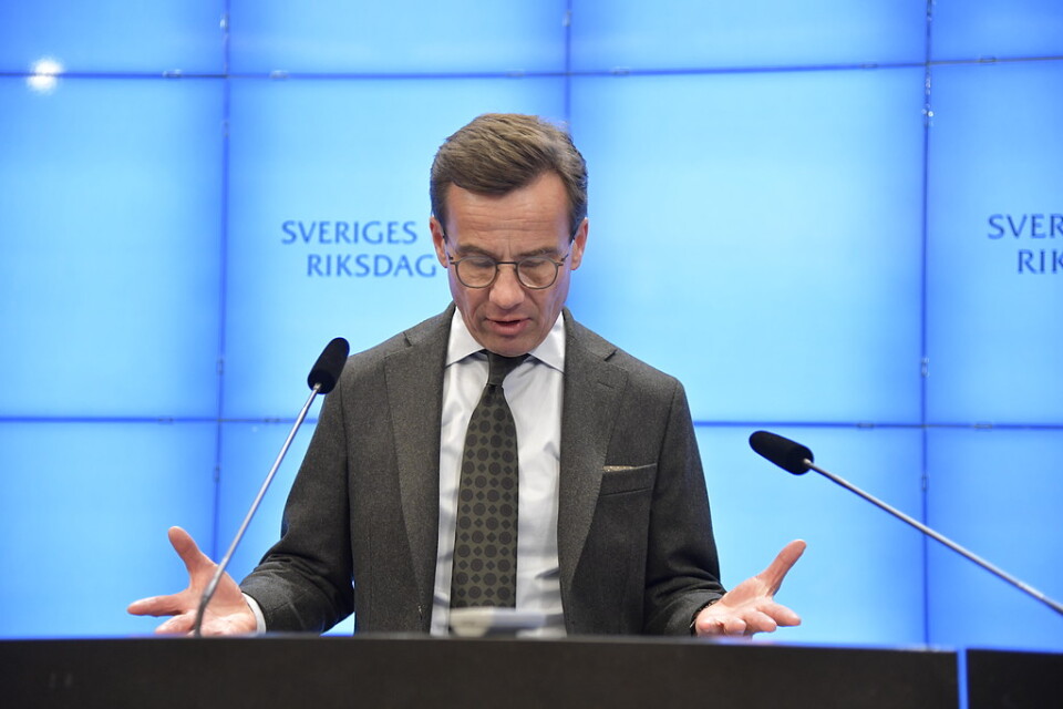 Moderatledaren Ulf Kristersson vid presskonferensen.