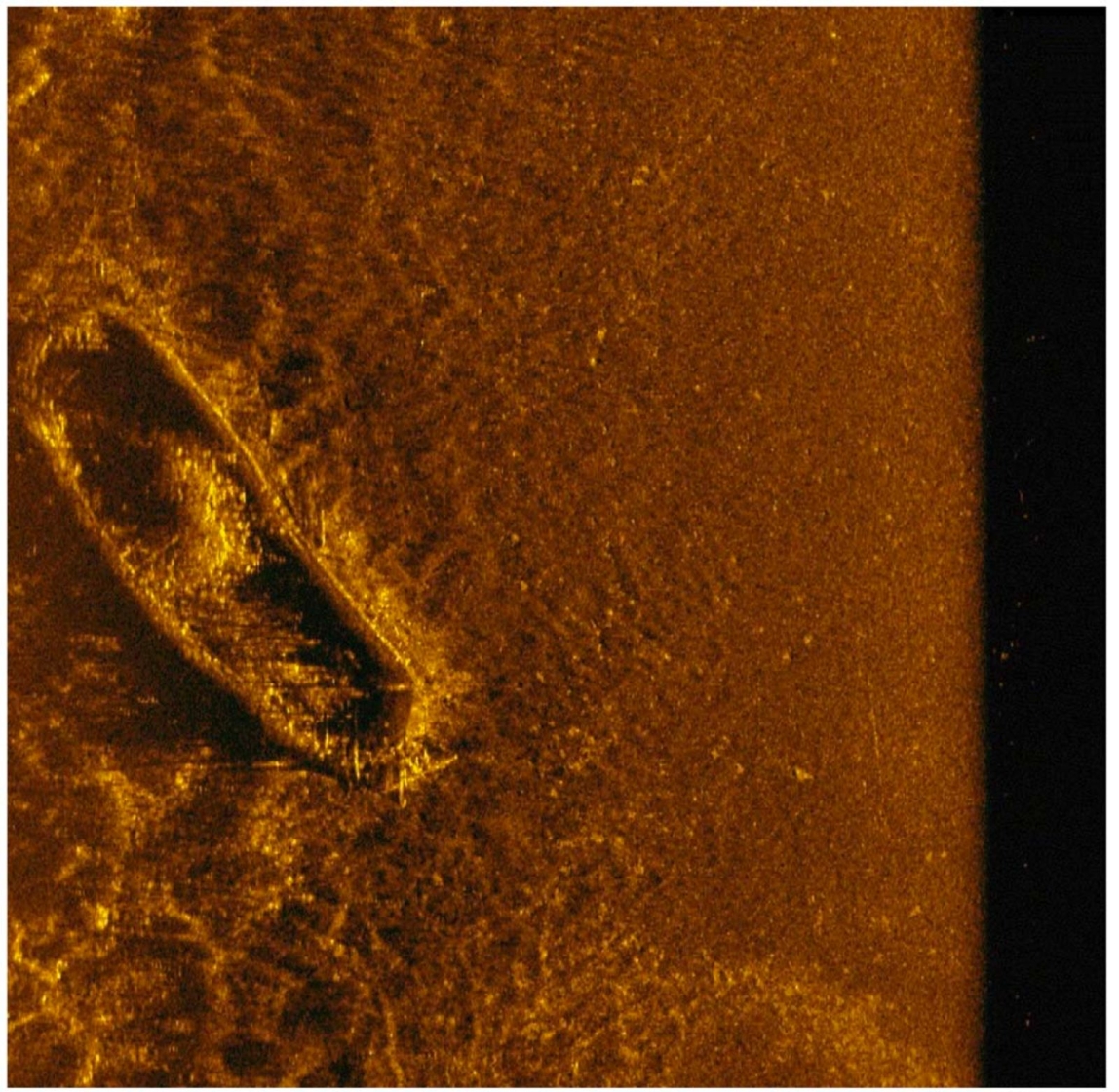 Sonarbild som visar ett av de tre undersökta vraken ”V3”, tidigare känt som ”RAÄ Karlskrona 101”.