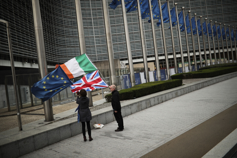 Två personer med EU:s, Irlands och Storbritanniens flaggor under brexitförhandlarnas möte i Bryssel.