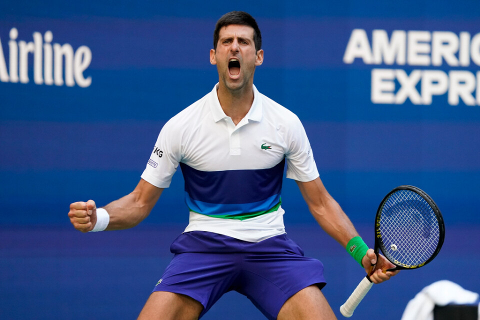 Novak Djokovic jublar efter en vunnen poäng mot Kei Nishikori.