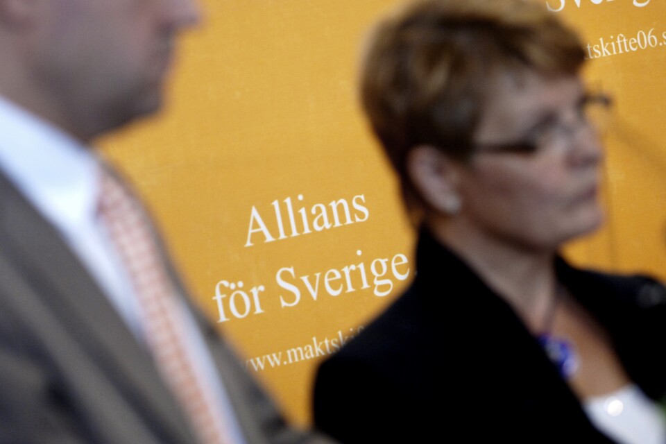 På den tiden när högersamarbetet hade ett namn. På bilden Alliansens ”föräldrar” Fredrik Reinfeldt (M) och Maud Olofsson (C).