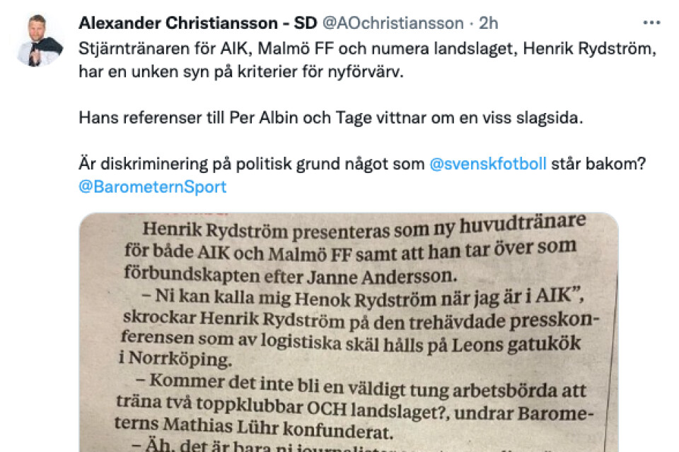 SD-riksdagsmannen Alexander Christianssons tweet.