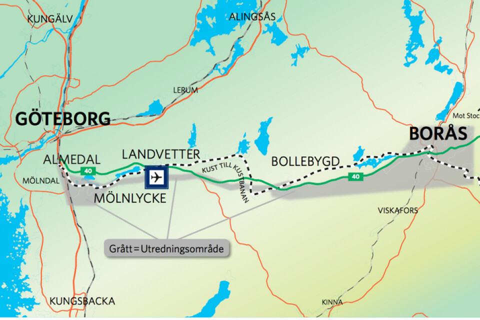 Trafikverkets senaste publicerade karta över projektet Göteborg-Borås. Enligt våra uppgifter inleds bygget med delen Göteborg-Landvetter.