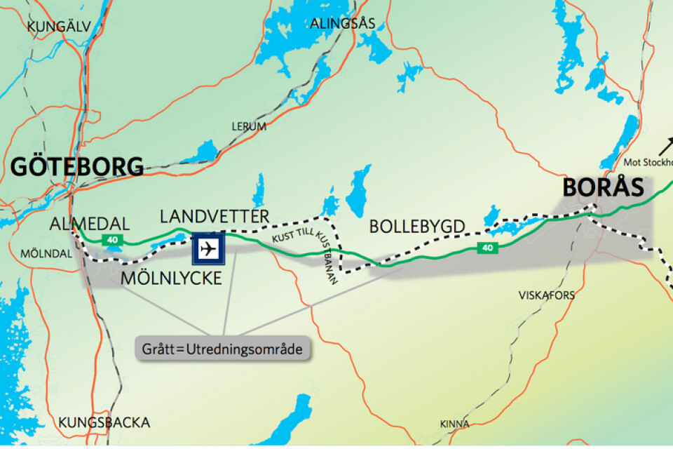 Det här är den senaste kartan som Trafikverket publicerat över utredningsområdet för ny järnväg Göteborg-Borås.