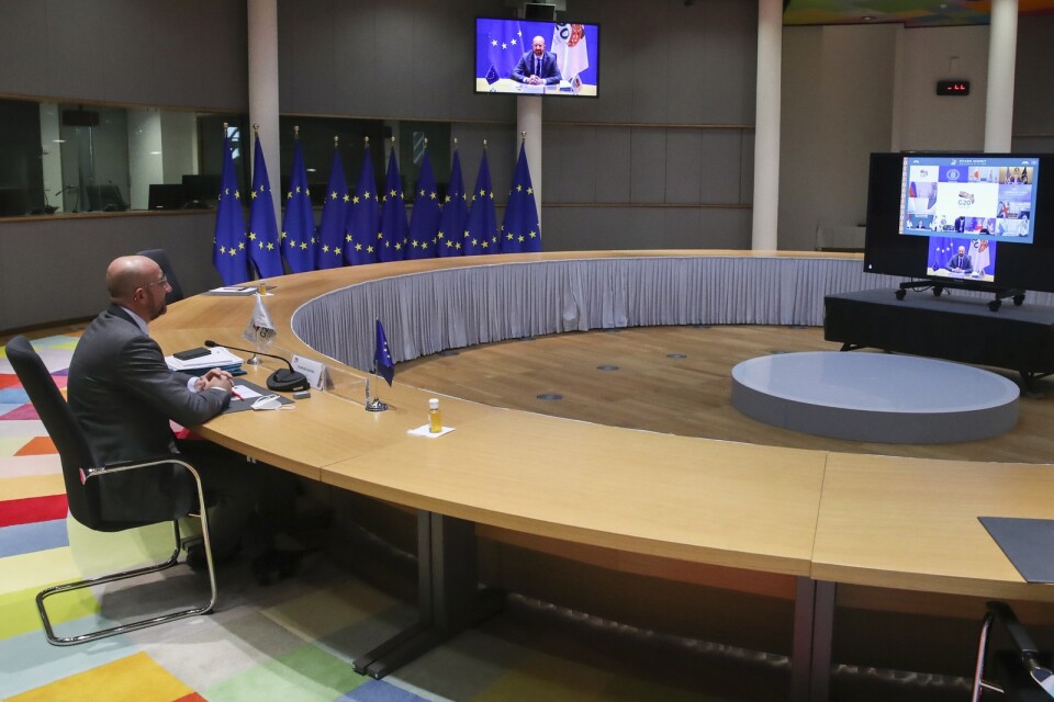 EU:s permanente rådsordförande Charles Michel vid videokonferensen.