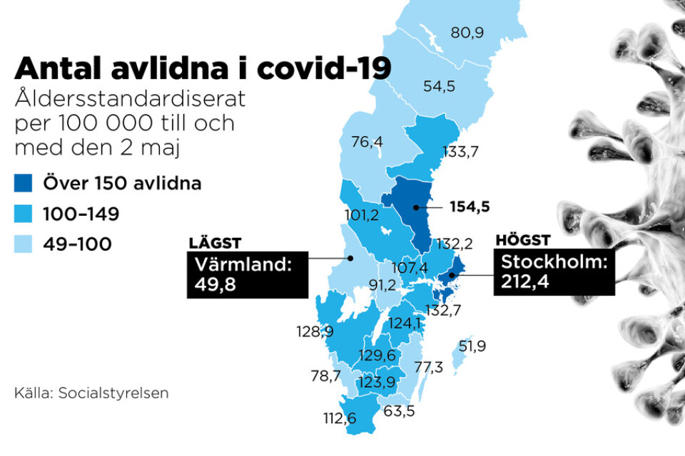 Det finns stora regionala skillnader hur pandemin drabbat Sverige. Åldersstandardiserat per 100 000 till och med den 2 maj.
