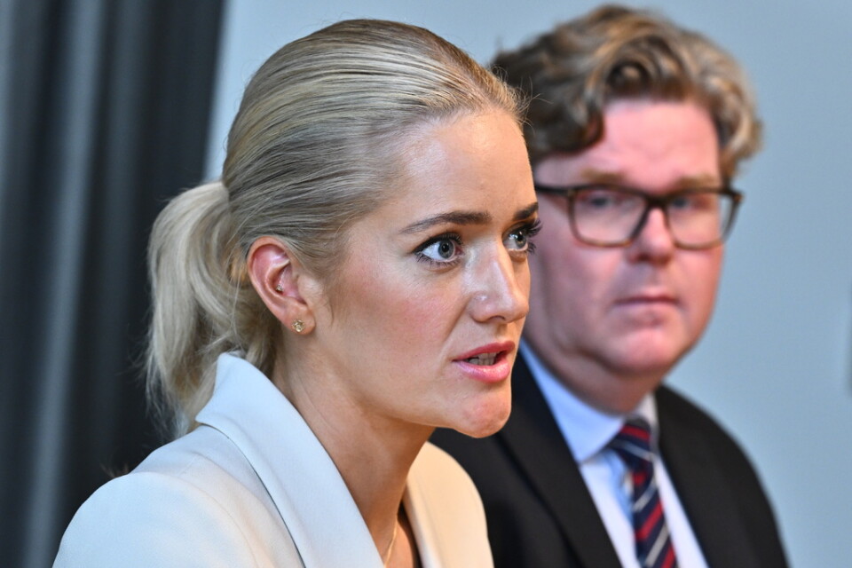 Norges justitie- och beredskapsminister Emilie Enger Mehl och justitieminister Gunnar Strömmer (M) under en pressträff på onsdagen.