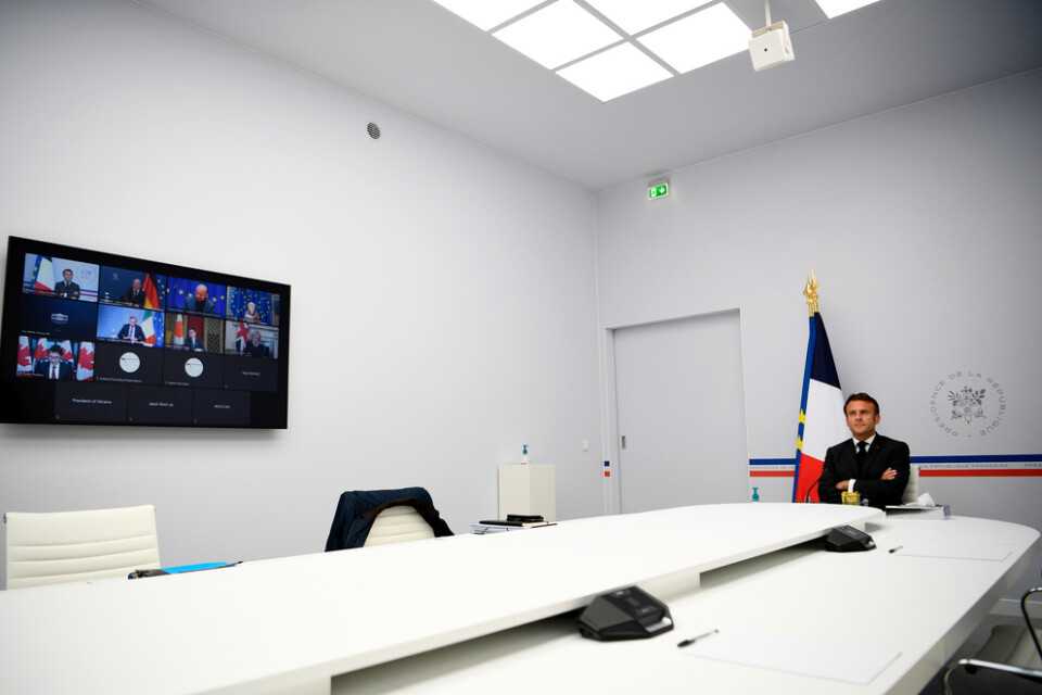 Frankrikes president Emmanuel Macron var en av deltagarna i tisdagens digitala G7-möte.