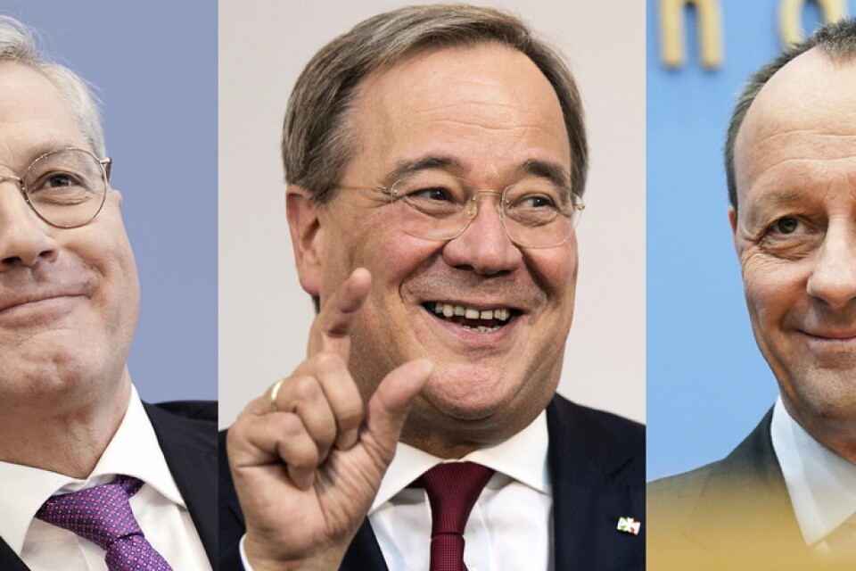 De tre kandidaterna i CDU:s ledarstrid: Norbert Röttgen (t v), Armin Laschet (mitten), Friedrich Merz (t h).