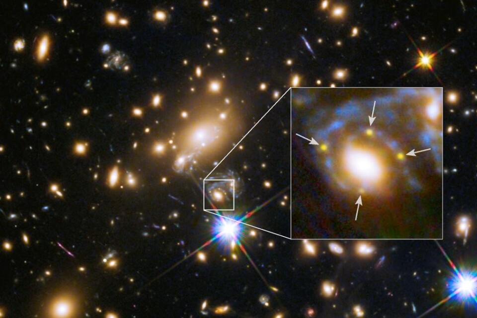 Forskarna har upptäckt en exploderande stjärna, en supernova, bakom en galax vars massa är så stor att ljuset böjs och skapar fyra bilder av stjärnan. Precis som Einstein förutsade för 100 år sedan. Bilderna kan ge ledtrådar till fenomenet mörk materia.