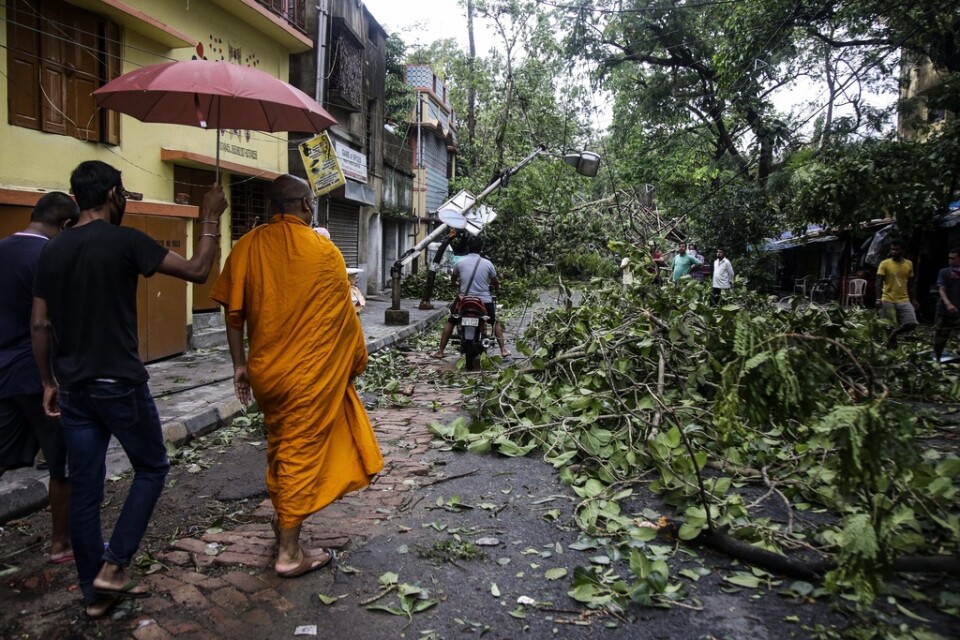 En buddistmunk promenerar längs en väg blockerad av nedfallna träd efter cyklonen Amphans framfart i Calcutta-regionen i Indien. Bilden är från i torsdags.