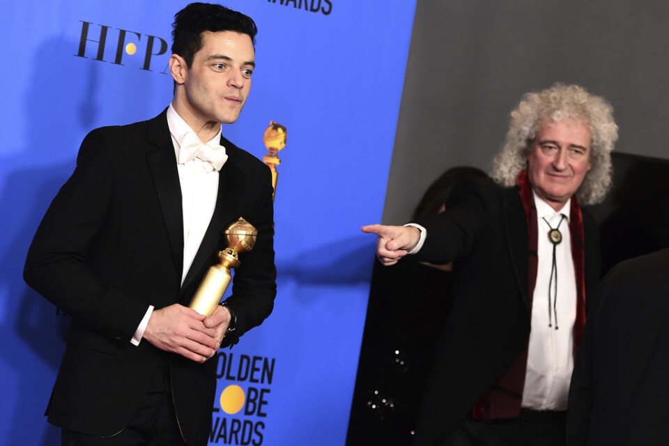 Rami Malek och Brian May på Golden Globe-galan 2019, där Malek tog hem priset för bästa huvudroll i en dramafilm, för sin roll som Freddie Mercury i "Bohemian rhapsody". Arkivbild.