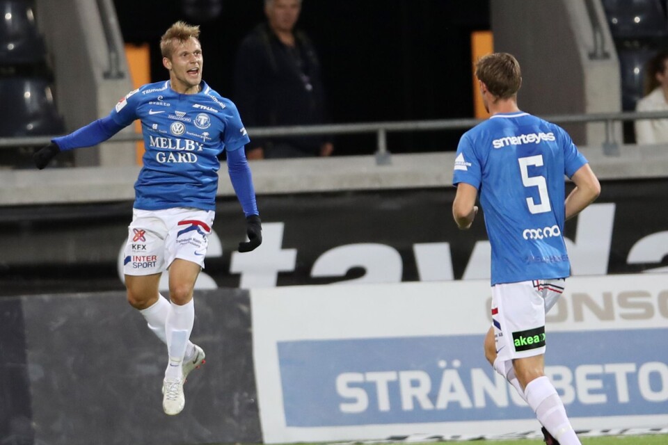 Erik Andersson jublar efter 1-1-målet under måndagens fotbollsmatch i allsvenskan mellan BK Häcken och Trelleborgs FF på Bravida Arena.