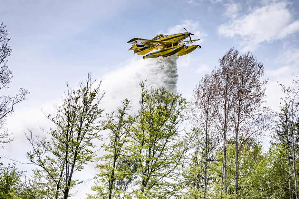 En Air Tractor AT-802 Fire Boss vattenbombar skogen under en övning med MSB och Kustbevakningen utanför Karlskrona i maj. Arkivbild.