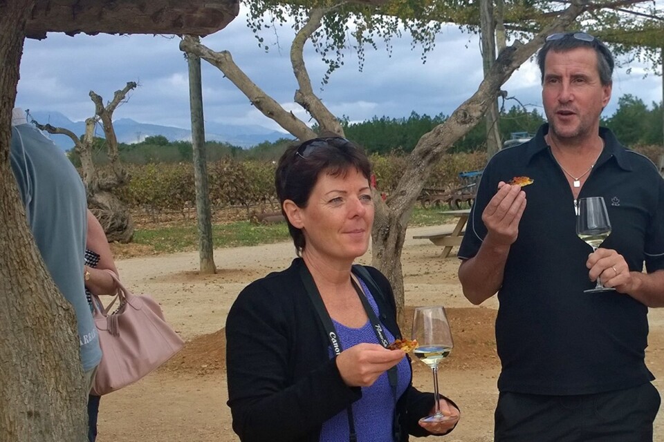 Bodega Jose L. Ferrer, Binissalem, Mallorca. ”Det är Mallorcas största vinproducent som grundades 1931. Firman drivs än i dag som ett familjeföretag av José Luis Roses Ferrer, som är fjärde generationen”, berättar Pamela Carlstedt, som här smakar av en av produkterna tillsammans med Calle Dahlblom.
