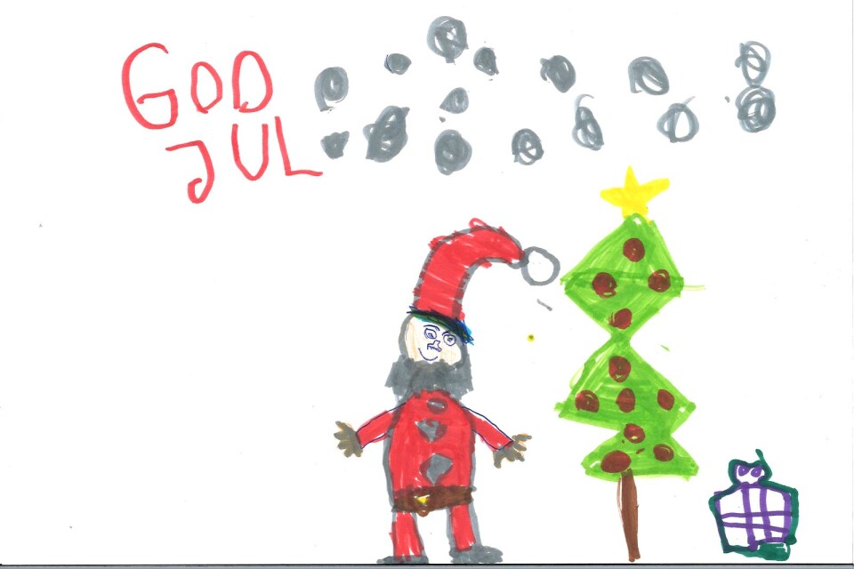 Wilja Walfridsson, 8 år i Lessebo hälsar att julen står för dörren! Så sant, så sant och tack för den fina teckningen.