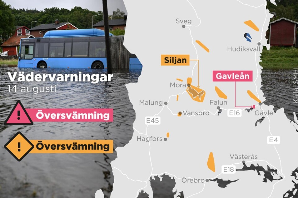 SMHI:s varningar för översvämningar måndagen den 14 augusti.