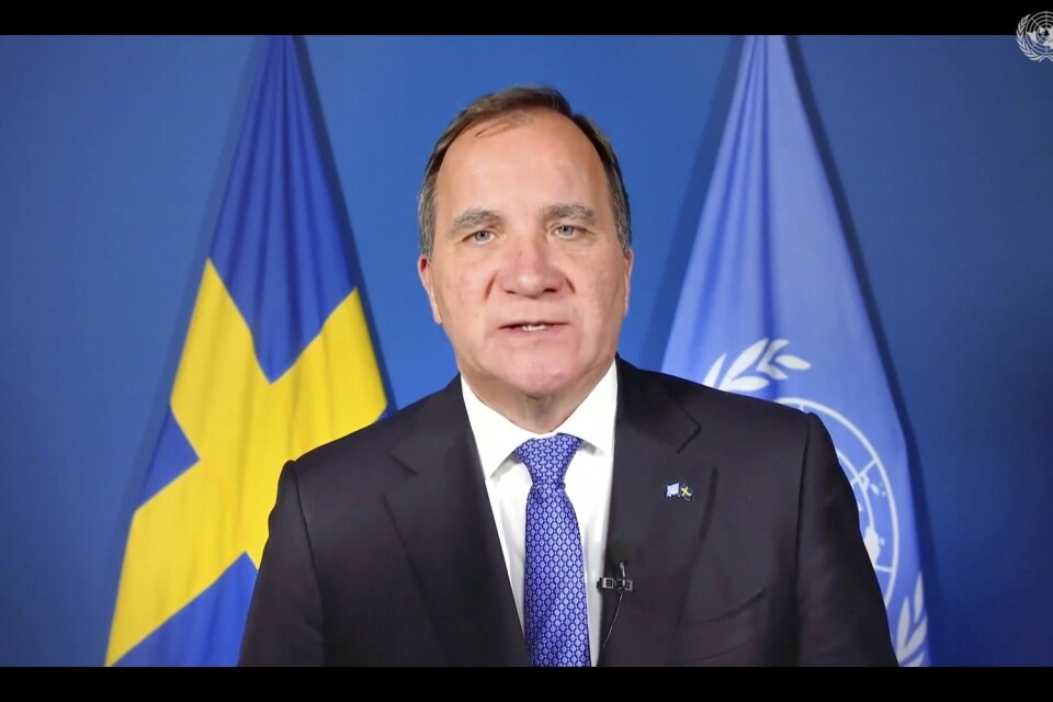 Stefan Löfven håller tal för FN:s generalförsamling.