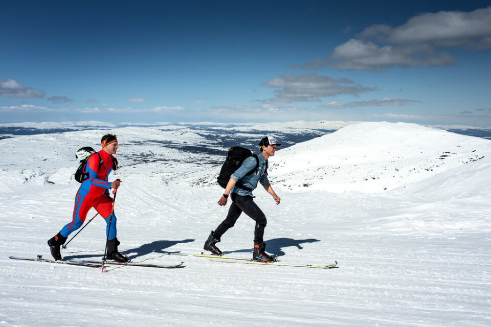 Nils van der Poel (th) och tränaren Johan Röjler med skidor och stighudar i Årefjällen.