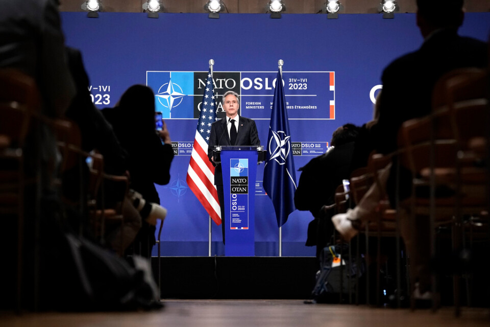 USA:s utrikesminister Anthony Blinken på en presskonferens på Nasjonalmuseet i Oslo efter Natos informella utrikesministermöte.